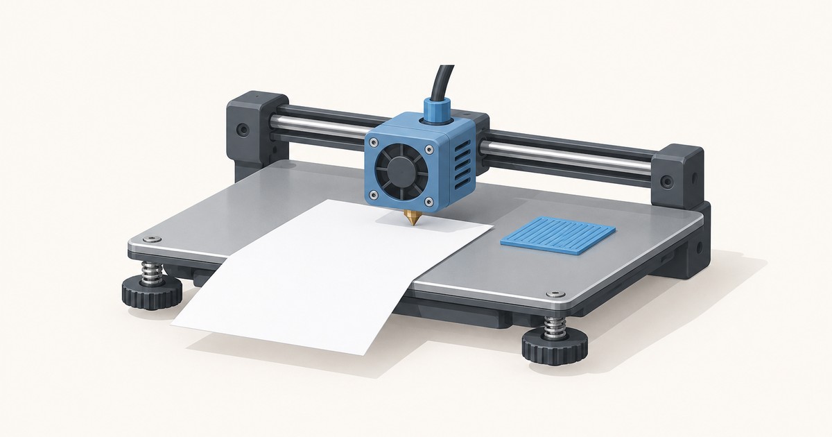 3D printer with a blue hotend and brass nozzle above a sheet of paper on a steel bed, with spring leveling knobs underneath and a blue test print on the bed
