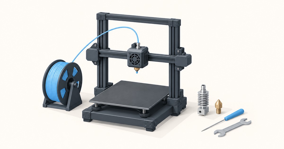 Dark gray 3D printer fed by a blue filament spool, with a spare heat break, brass nozzle, cleaning needle and wrench laid out beside it for repairs