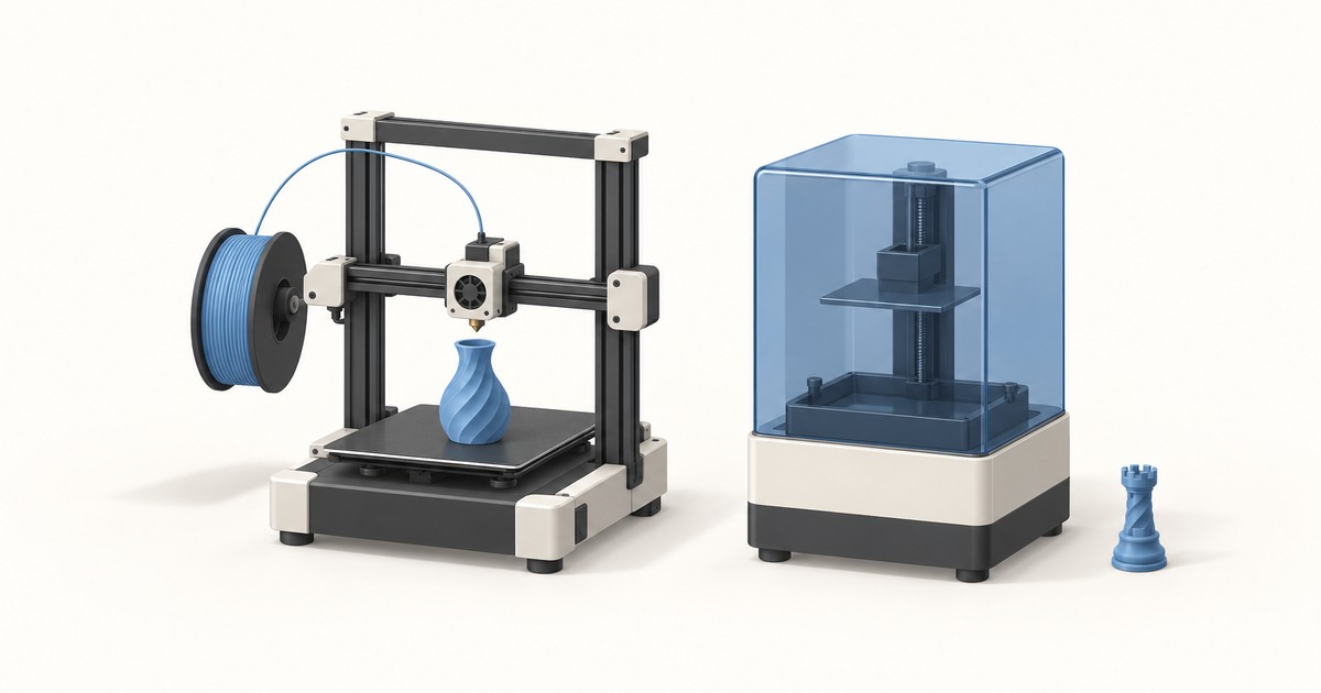 Filament FDM 3D printer with a blue spool printing a twisted vase beside a resin printer under a blue translucent cover, with a small printed rook nearby