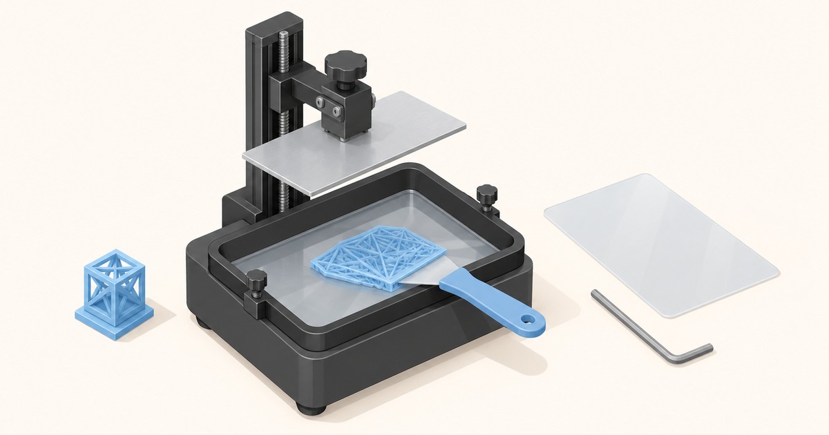 Resin 3D printer with raised build plate as a blue scraper lifts a failed lattice print off the FEP film in the vat, beside a spare FEP sheet and hex key