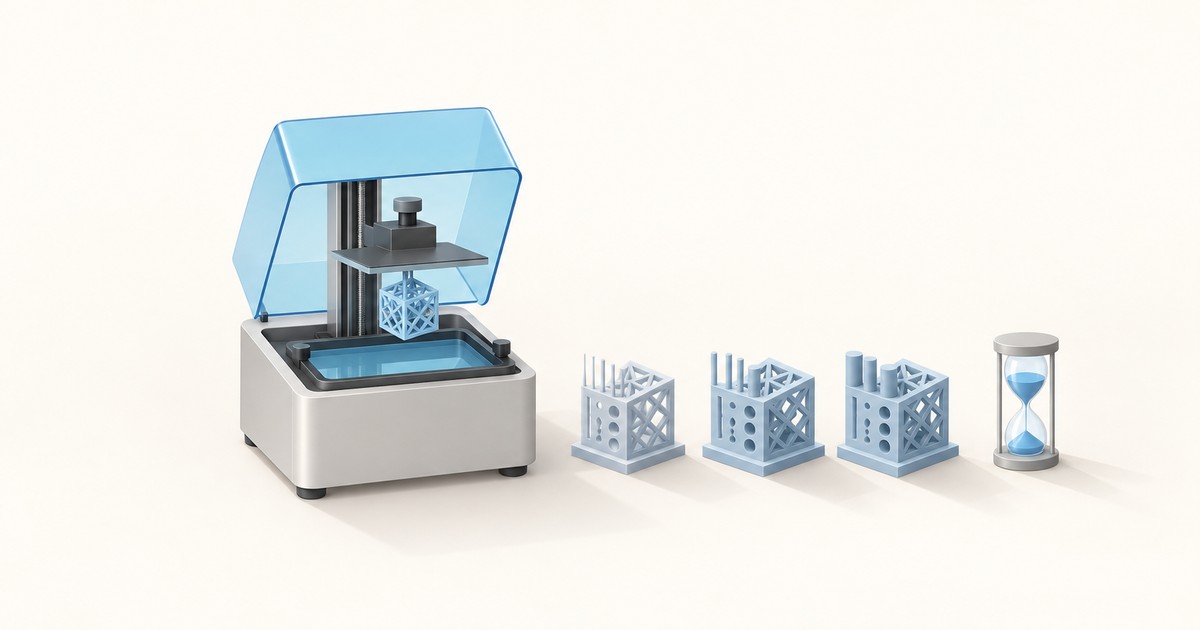 Resin 3D printer with a blue lid and lattice cube on the build plate, beside three exposure test prints of varying detail and a blue sand hourglass