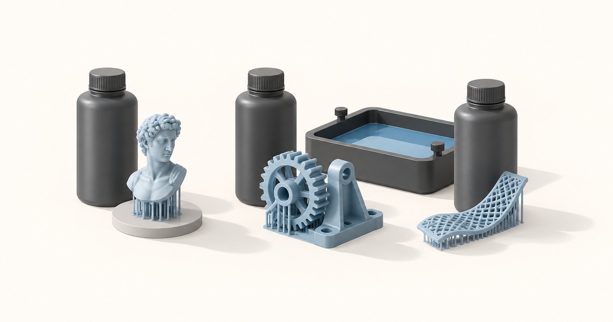 Three unlabeled dark resin bottles and a resin vat surround blue-gray resin prints: a classical bust, a gear on a bracket, and a flexible lattice part on supports.
