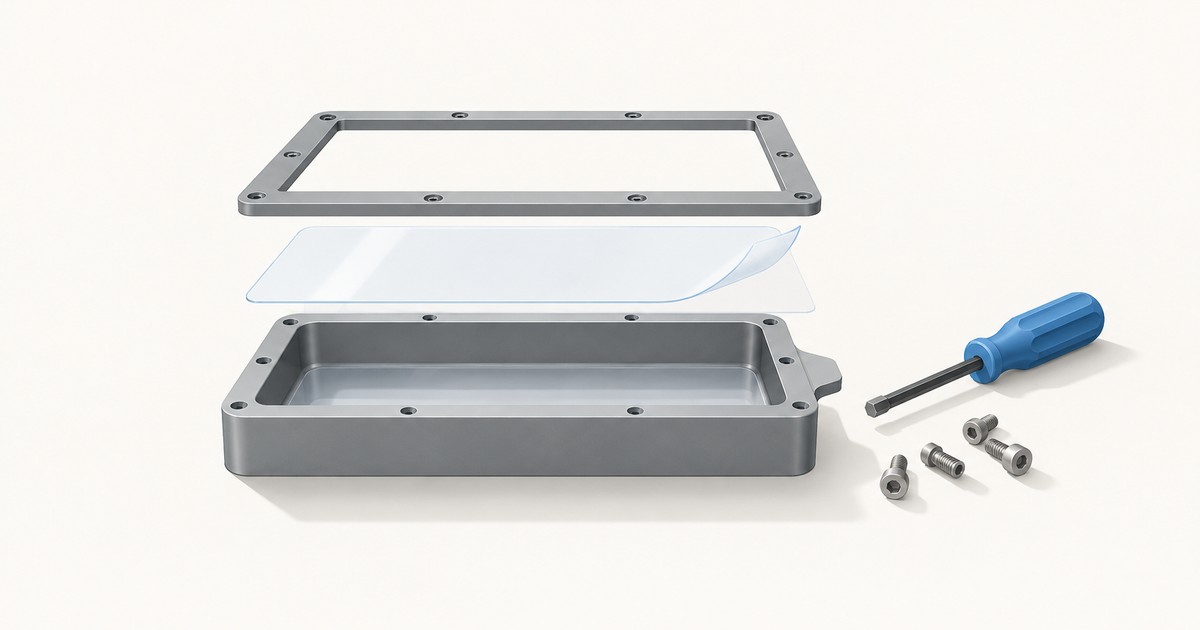 Exploded view of a gray metal resin vat with its clamping frame lifted above and a clear FEP sheet between, beside a blue hex screwdriver and four screws
