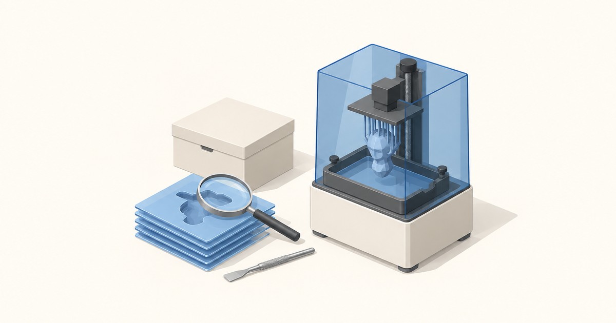 Resin 3D printer with a blue UV cover printing a small head, beside a stack of blue sliced layers under a magnifying glass, a closed box and a scraper